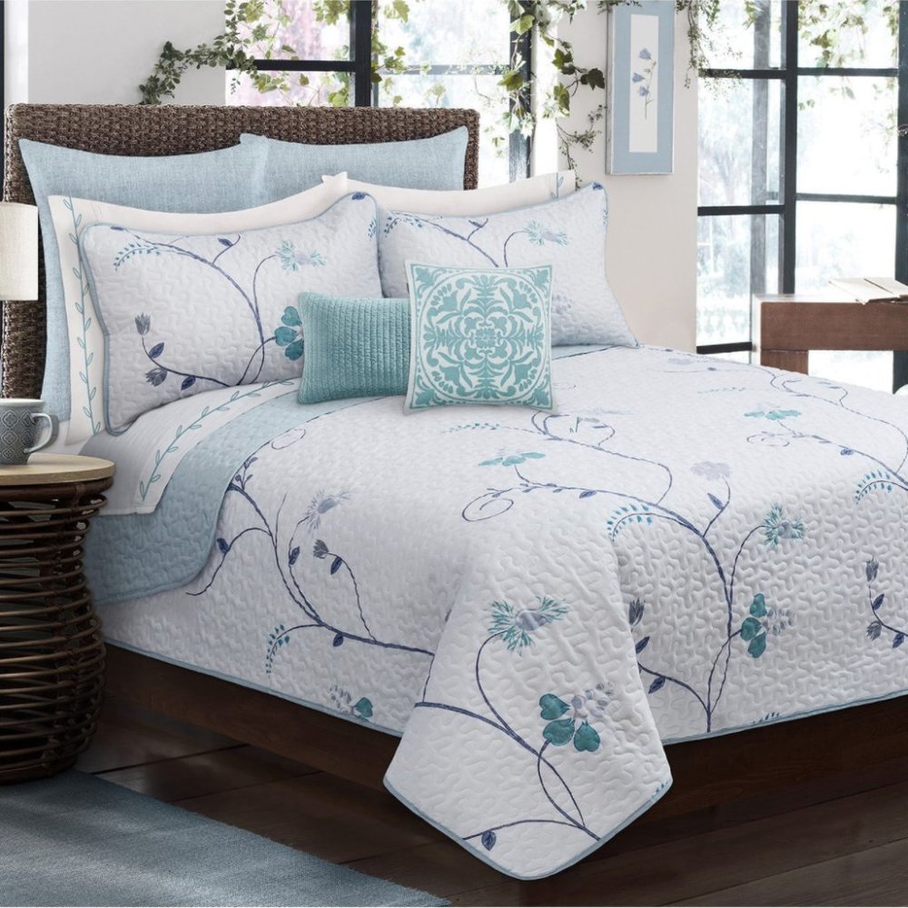 New Blue & Teal Floral 3-Piece 100% Polyester Quilt Set • Reversible • DQ